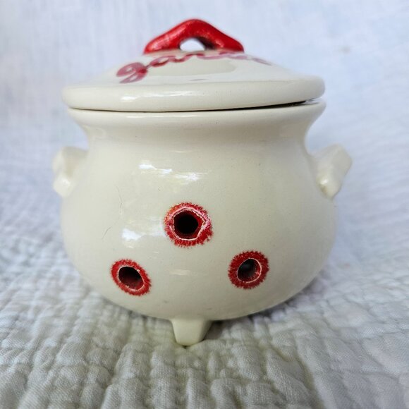 Vintage Handmade Red White Cottage Farmhouse Ceramic Garlic Keeper Jar - Picture 3 of 9